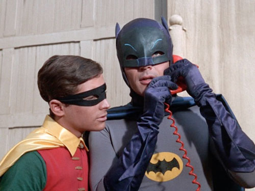Batman and Robin on Batphone in premiere